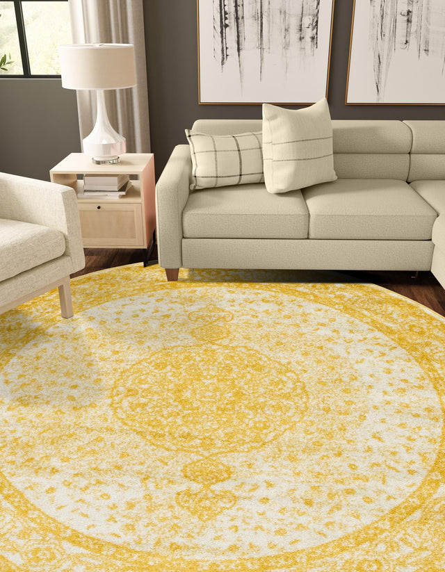 Yellow 7' 10 x 7' 10 Bromley Round Area Rug 100% Polypropylene With Cotton Backing Vintage Distressed Colorful Traditional Carpet for Living Dining Rooms Offices for Sale at Rug Engine