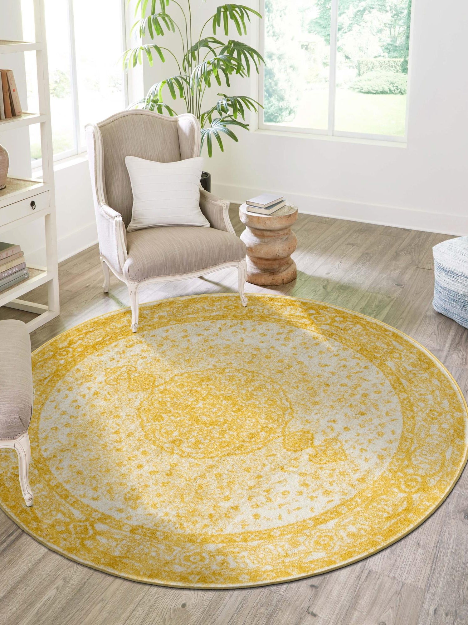 Yellow 7' 10 x 7' 10 Bromley Round Area Rug 100% Polypropylene With Cotton Backing Vintage Distressed Colorful Traditional Carpet for Living Dining Rooms Offices for Sale at Rug Engine