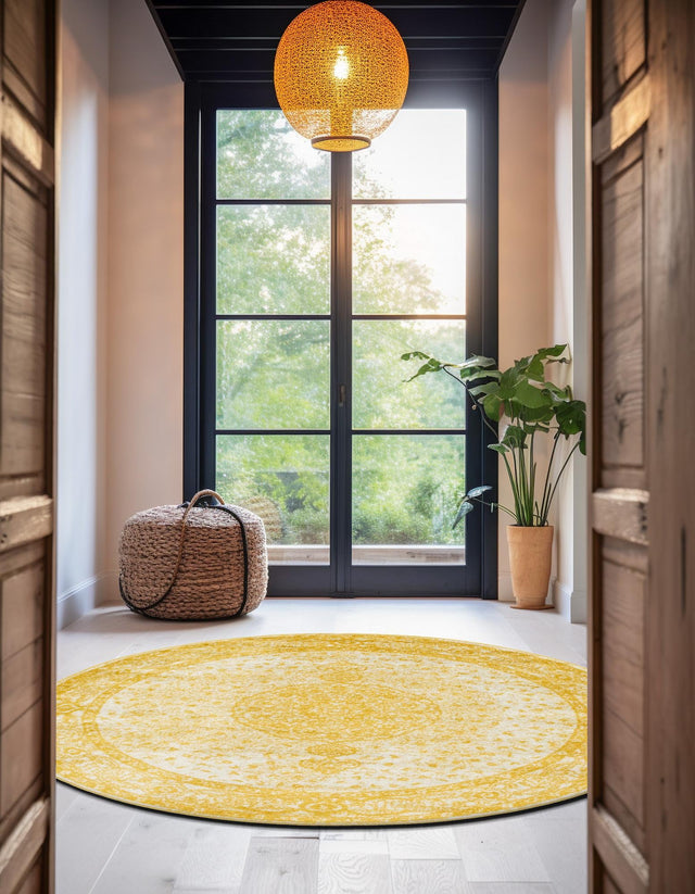 Yellow 3' 1 x 3' 1 Bromley Round Area Rug 100% Polypropylene With Cotton Backing Vintage Distressed Colorful Traditional Carpet for Living Dining Rooms Offices for Sale at Rug Engine