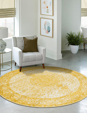 Yellow 5' 3 x 5' 3 Bromley Round Area Rug 100% Polypropylene With Cotton Backing Vintage Distressed Colorful Traditional Carpet for Living Dining Rooms Offices for Sale at Rug Engine