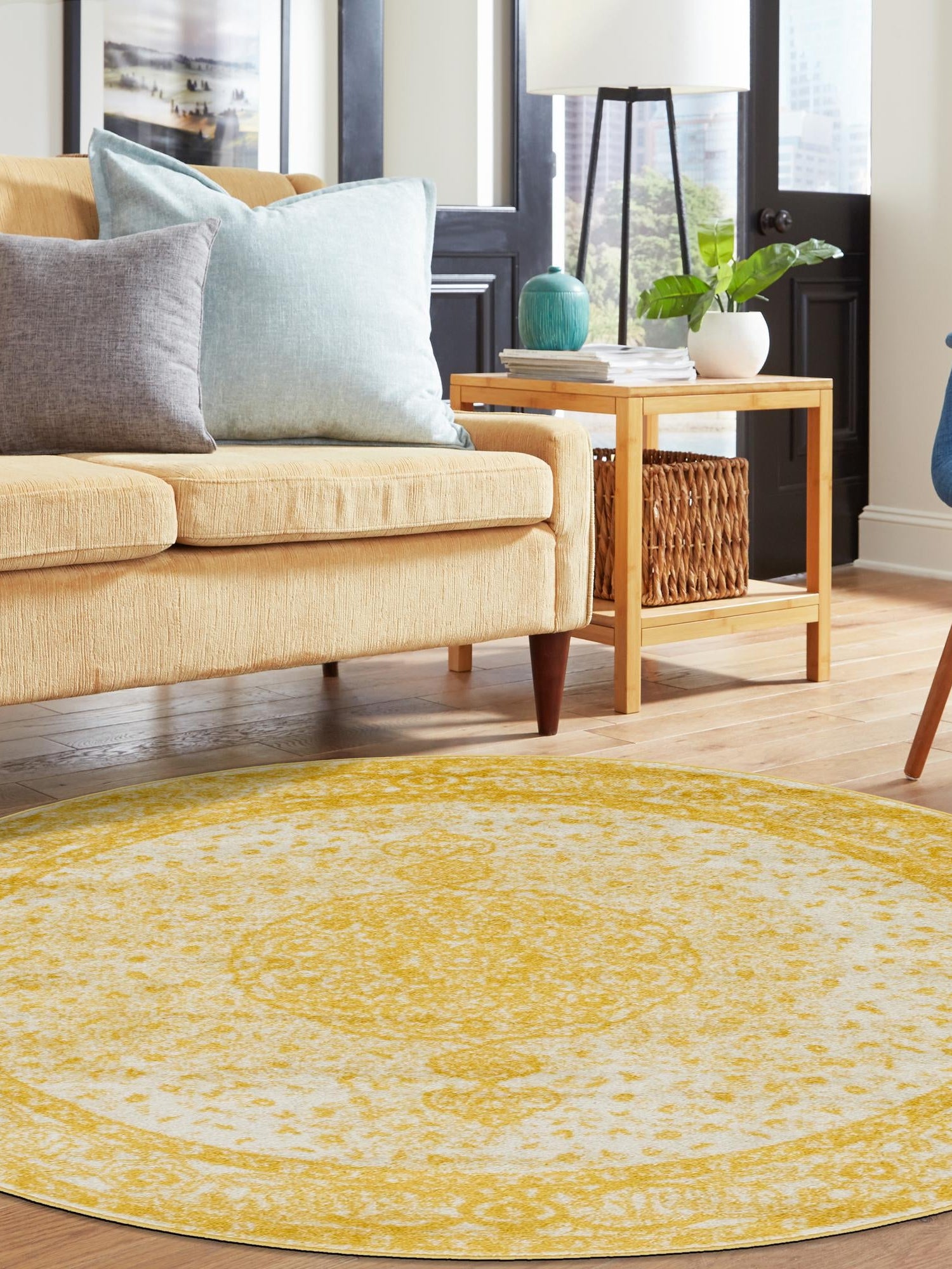 Yellow 5' 3 x 5' 3 Bromley Round Area Rug 100% Polypropylene With Cotton Backing Vintage Distressed Colorful Traditional Carpet for Living Dining Rooms Offices for Sale at Rug Engine