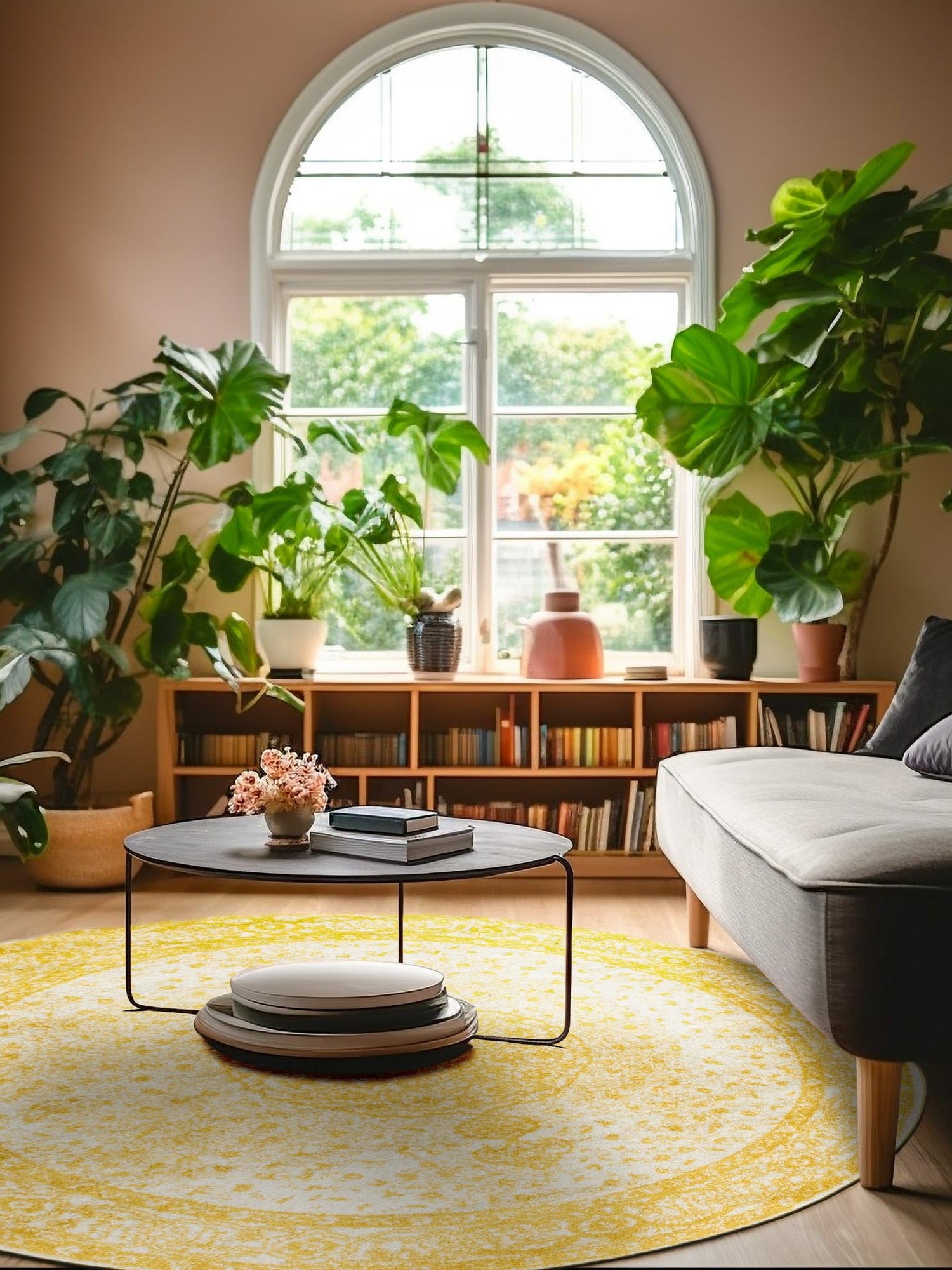 Yellow 5' 3 x 5' 3 Bromley Round Area Rug 100% Polypropylene With Cotton Backing Vintage Distressed Colorful Traditional Carpet for Living Dining Rooms Offices for Sale at Rug Engine