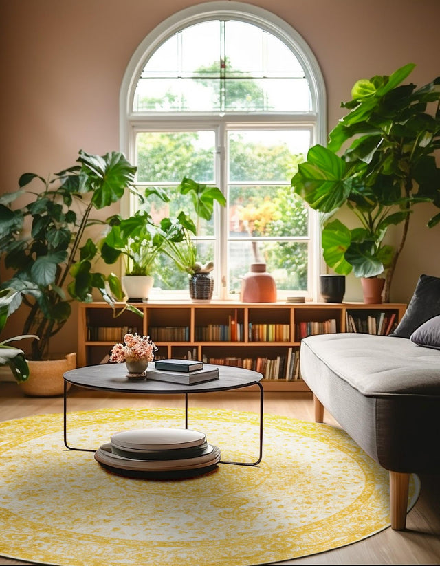 Yellow 3' 1 x 3' 1 Bromley Round Area Rug 100% Polypropylene With Cotton Backing Vintage Distressed Colorful Traditional Carpet for Living Dining Rooms Offices for Sale at Rug Engine