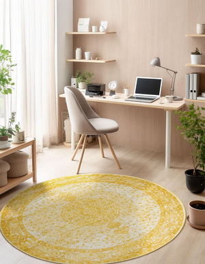 Yellow 3' 1 x 3' 1 Bromley Round Area Rug 100% Polypropylene With Cotton Backing Vintage Distressed Colorful Traditional Carpet for Living Dining Rooms Offices for Sale at Rug Engine