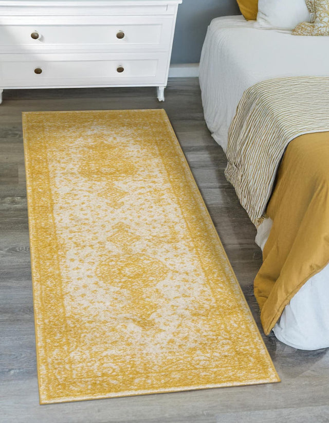 Yellow 2' x 9' Bromley Runner Area Rug 100% Polypropylene With Cotton Backing Vintage Distressed Colorful Traditional Carpet for Living Dining Rooms Offices for Sale at Rug Engine