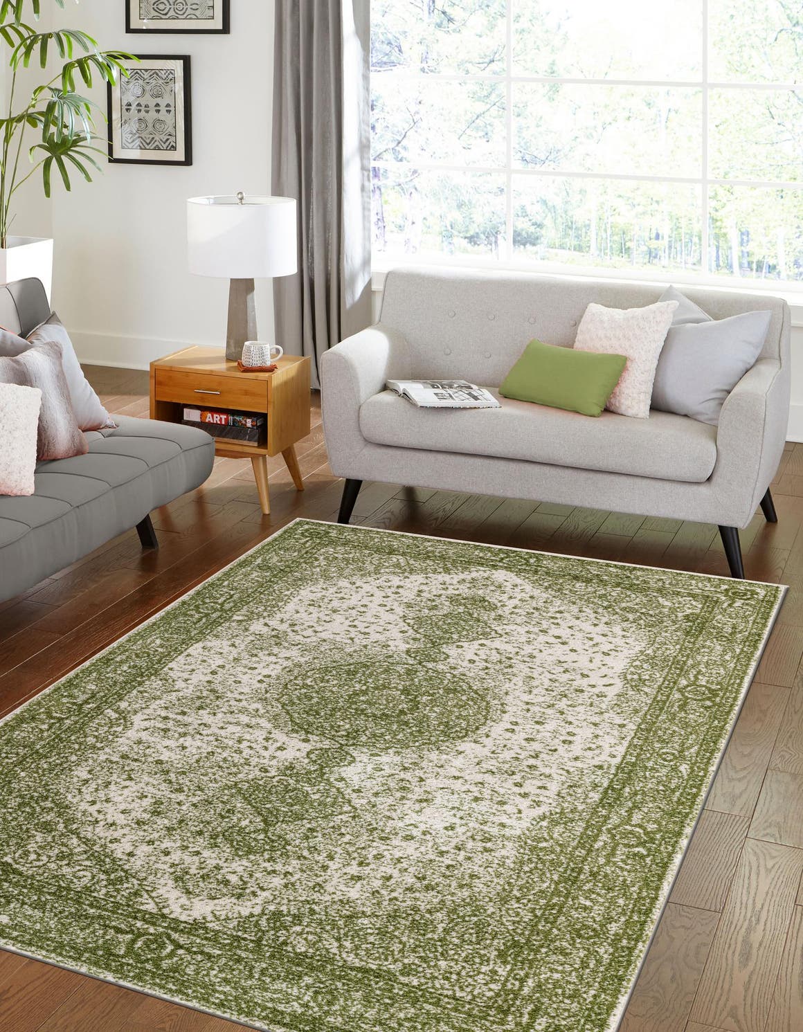 Green 7' 10 x 10' Bromley Rectangle Area Rug 100% Polypropylene With Cotton Backing Vintage Distressed Colorful Traditional Carpet for Living Dining Rooms Offices for Sale at Rug Engine