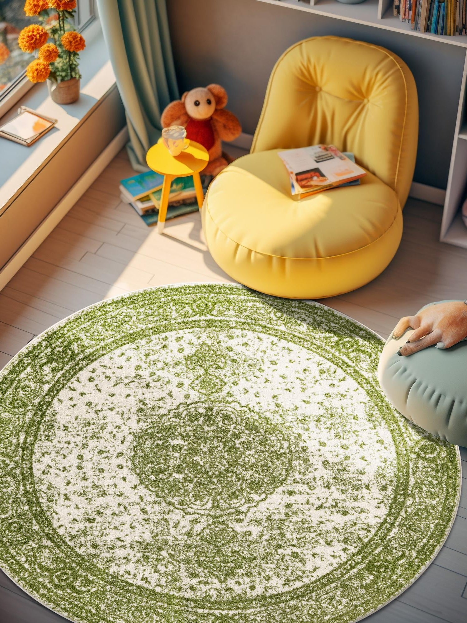 Green 5' 3 x 5' 3 Bromley Round Area Rug 100% Polypropylene With Cotton Backing Vintage Distressed Colorful Traditional Carpet for Living Dining Rooms Offices for Sale at Rug Engine