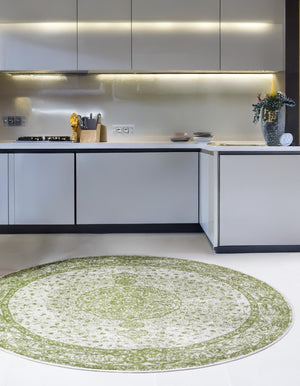 Green 12' x 12' Bromley Round Area Rug 100% Polypropylene With Cotton Backing Vintage Distressed Colorful Traditional Carpet for Living Dining Rooms Offices for Sale at Rug Engine
