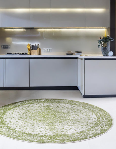 Green 12' x 12' Bromley Round Area Rug 100% Polypropylene With Cotton Backing Vintage Distressed Colorful Traditional Carpet for Living Dining Rooms Offices for Sale at Rug Engine
