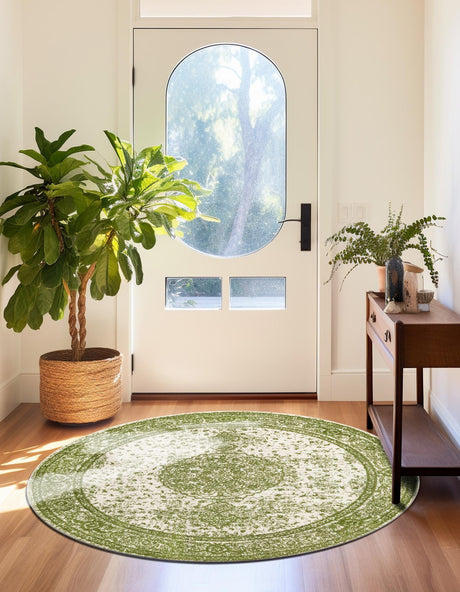 Green 12' x 12' Bromley Round Area Rug 100% Polypropylene With Cotton Backing Vintage Distressed Colorful Traditional Carpet for Living Dining Rooms Offices for Sale at Rug Engine