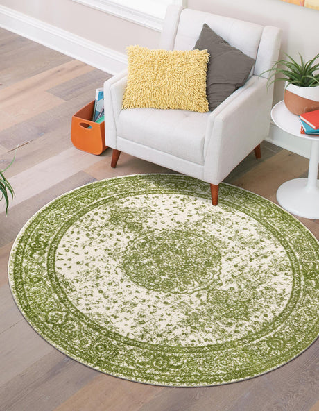 Green 12' x 12' Bromley Round Area Rug 100% Polypropylene With Cotton Backing Vintage Distressed Colorful Traditional Carpet for Living Dining Rooms Offices for Sale at Rug Engine