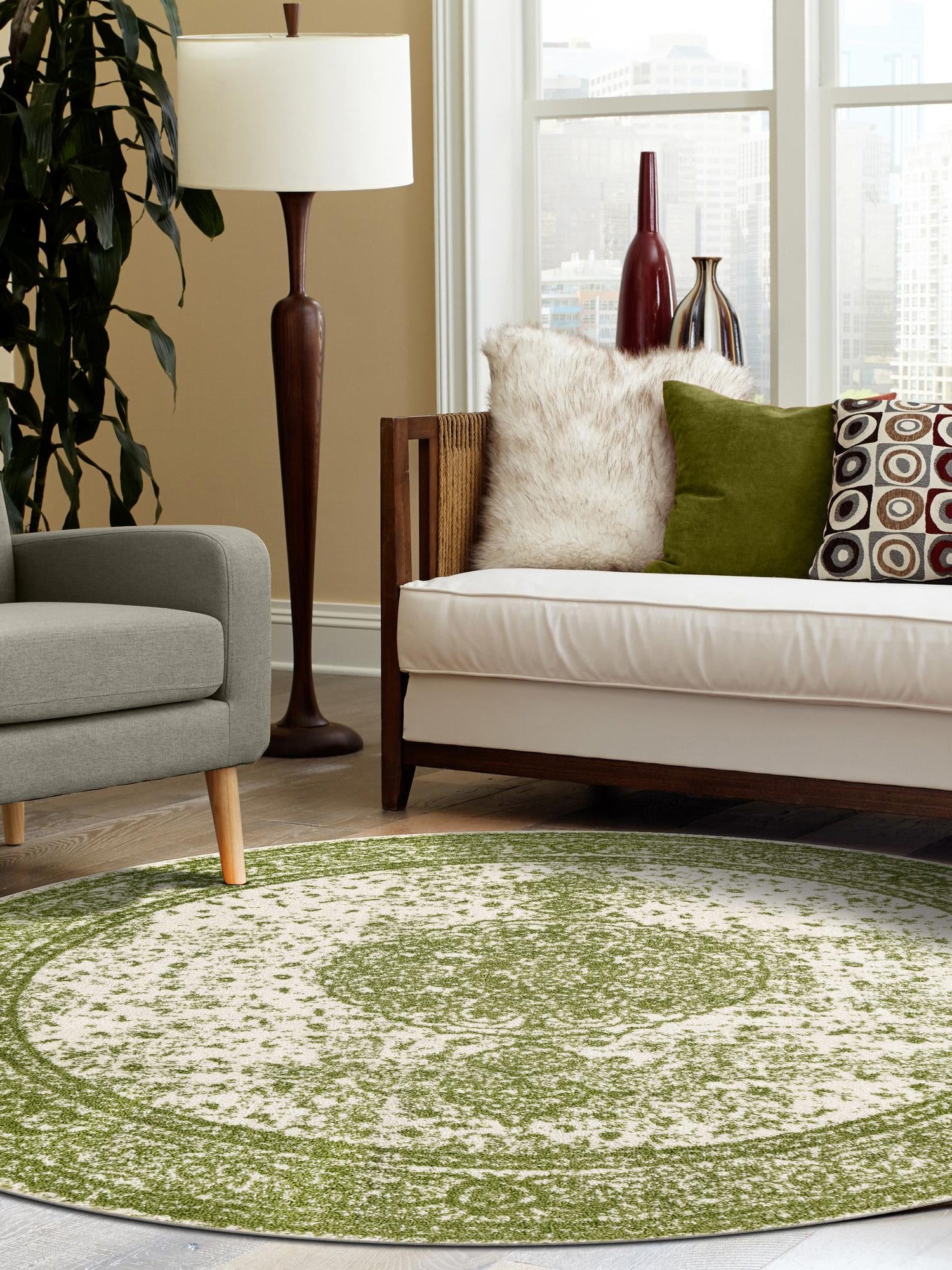 Green 5' 3 x 5' 3 Bromley Round Area Rug 100% Polypropylene With Cotton Backing Vintage Distressed Colorful Traditional Carpet for Living Dining Rooms Offices for Sale at Rug Engine
