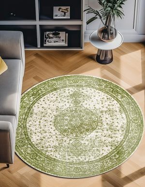 Green 12' x 12' Bromley Round Area Rug 100% Polypropylene With Cotton Backing Vintage Distressed Colorful Traditional Carpet for Living Dining Rooms Offices for Sale at Rug Engine