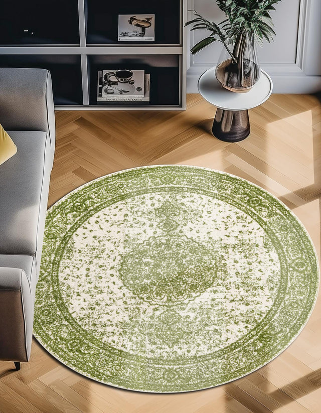 Green 12' x 12' Bromley Round Area Rug 100% Polypropylene With Cotton Backing Vintage Distressed Colorful Traditional Carpet for Living Dining Rooms Offices for Sale at Rug Engine