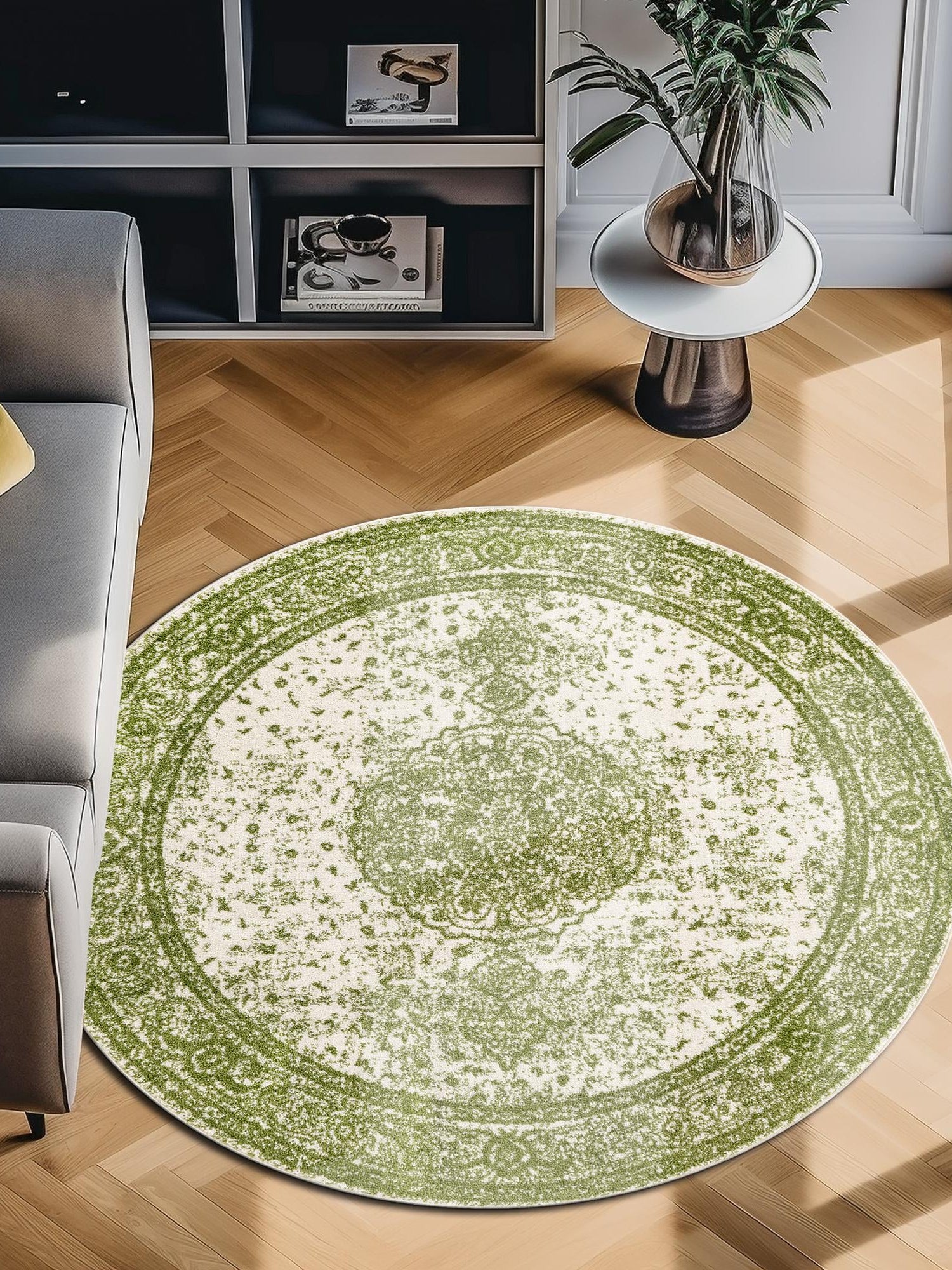 Green 10' x 10' Bromley Round Area Rug 100% Polypropylene With Cotton Backing Vintage Distressed Colorful Traditional Carpet for Living Dining Rooms Offices for Sale at Rug Engine