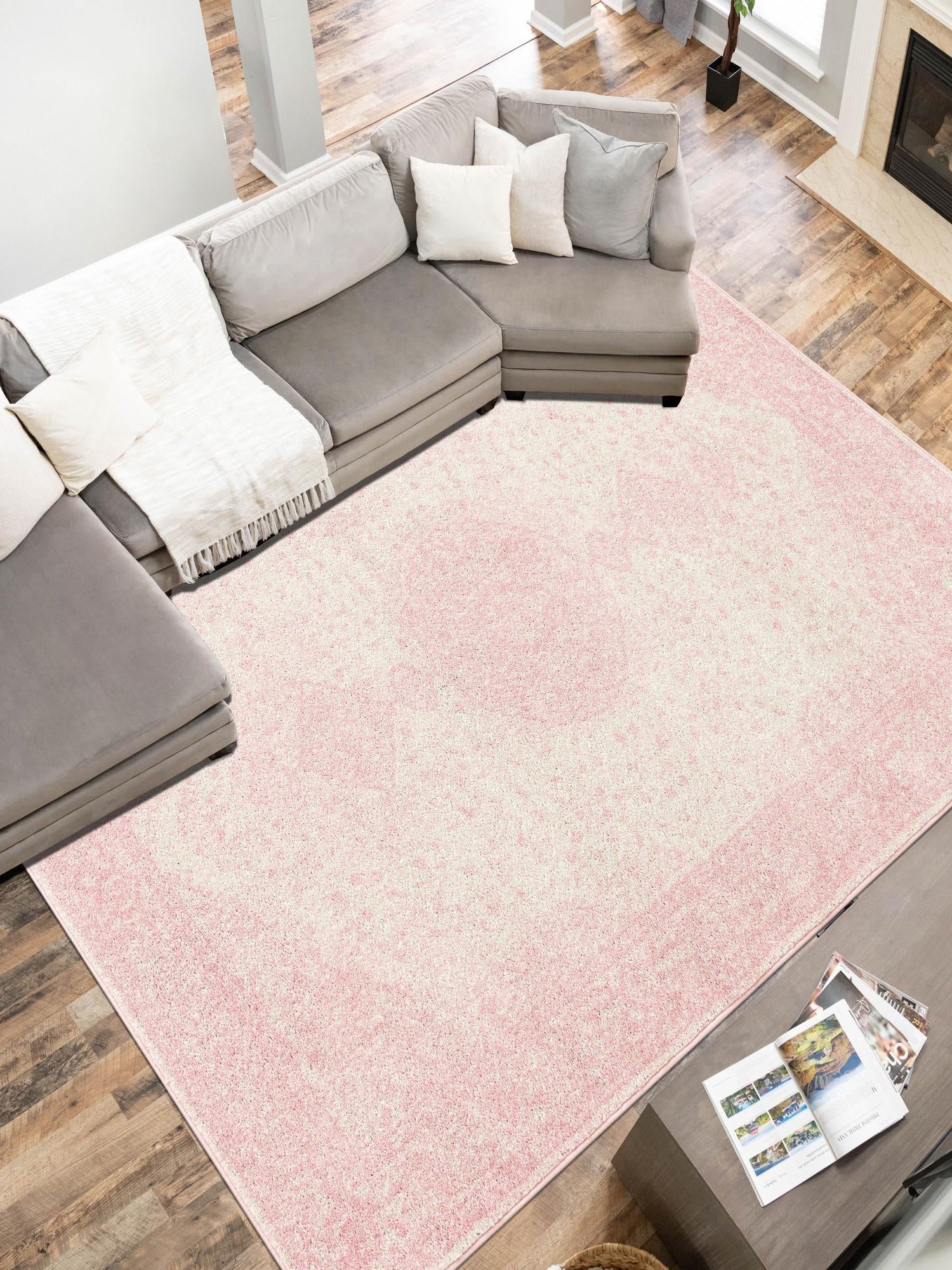 Pink 7' 1 x 10' Bromley Rectangle Area Rug 100% Polypropylene With Cotton Backing Vintage Distressed Colorful Traditional Carpet for Living Dining Rooms Offices for Sale at Rug Engine