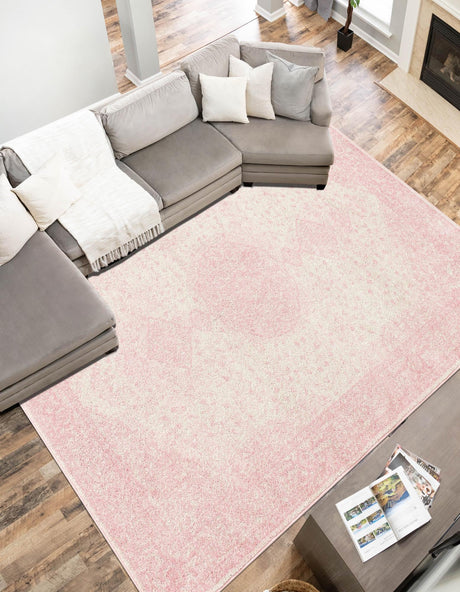 Pink 9' x 12' Bromley Rectangle Area Rug 100% Polypropylene With Cotton Backing Vintage Distressed Colorful Traditional Carpet for Living Dining Rooms Offices for Sale at Rug Engine