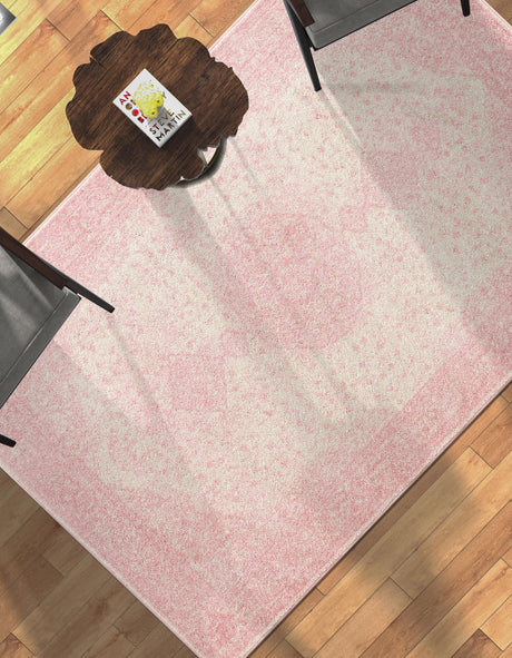 Pink 6' 1 x 9' Bromley Rectangle Area Rug 100% Polypropylene With Cotton Backing Vintage Distressed Colorful Traditional Carpet for Living Dining Rooms Offices for Sale at Rug Engine