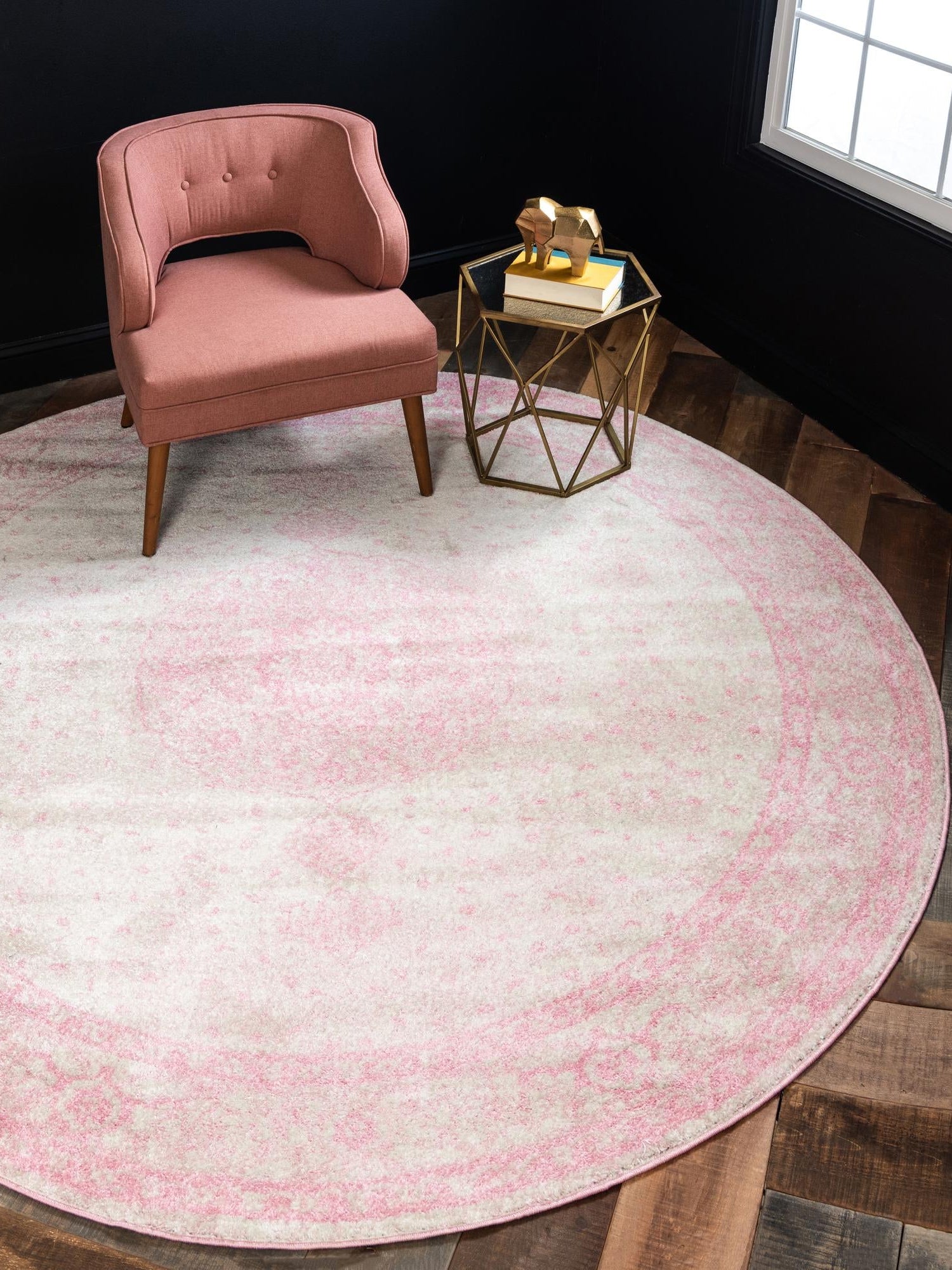 Pink 3' 1 x 3' 1 Bromley Round Area Rug 100% Polypropylene With Cotton Backing Vintage Distressed Colorful Traditional Carpet for Living Dining Rooms Offices for Sale at Rug Engine