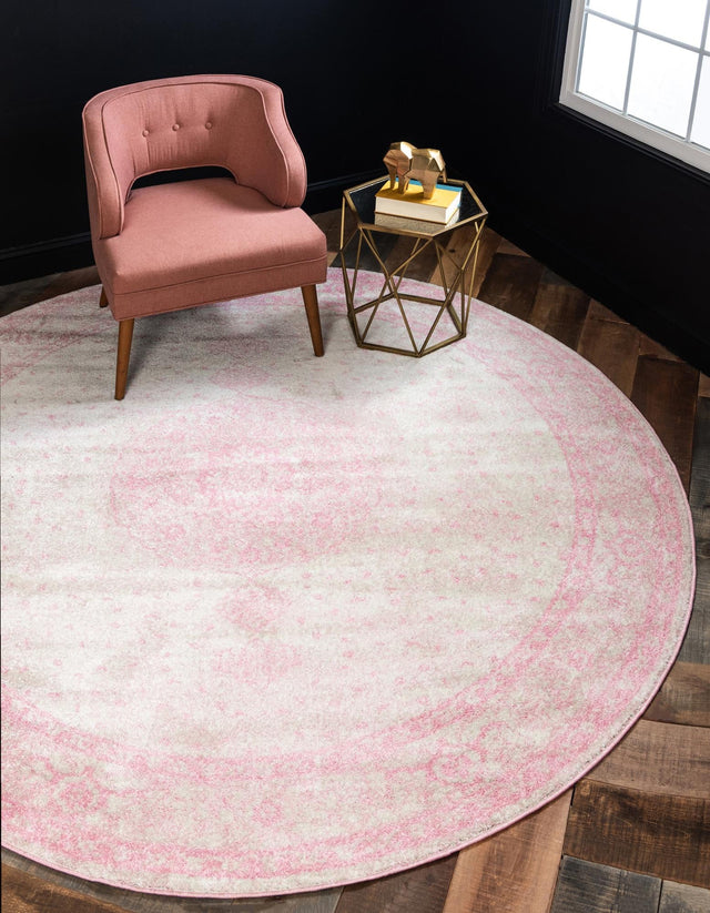 Pink 5' 3 x 5' 3 Bromley Round Area Rug 100% Polypropylene With Cotton Backing Vintage Distressed Colorful Traditional Carpet for Living Dining Rooms Offices for Sale at Rug Engine