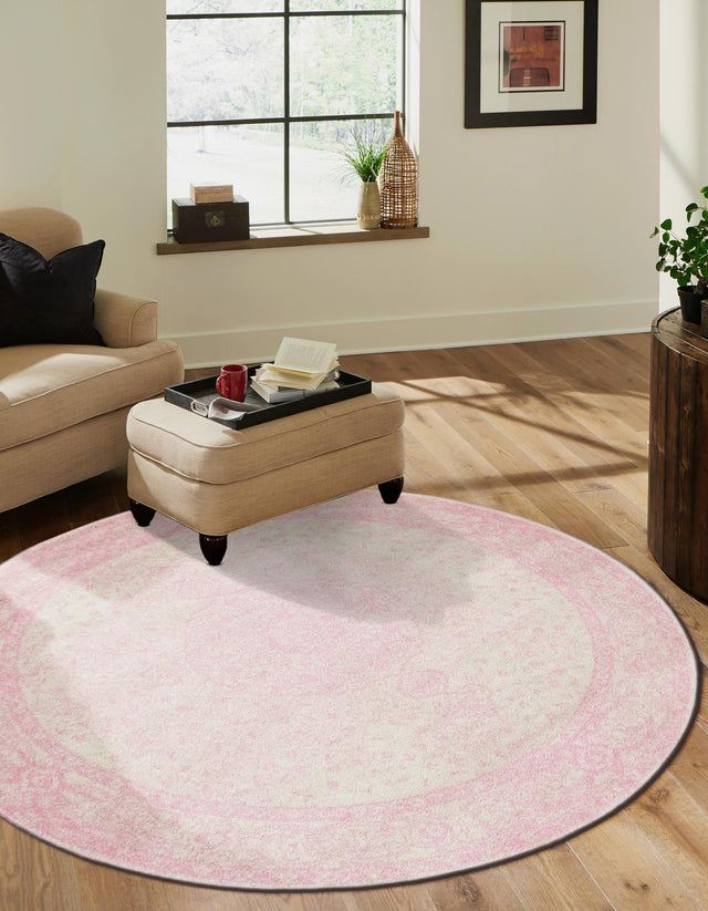 Pink 5' 3 x 5' 3 Bromley Round Area Rug 100% Polypropylene With Cotton Backing Vintage Distressed Colorful Traditional Carpet for Living Dining Rooms Offices for Sale at Rug Engine
