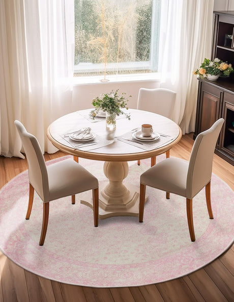 Pink 3' 1 x 3' 1 Bromley Round Area Rug 100% Polypropylene With Cotton Backing Vintage Distressed Colorful Traditional Carpet for Living Dining Rooms Offices for Sale at Rug Engine
