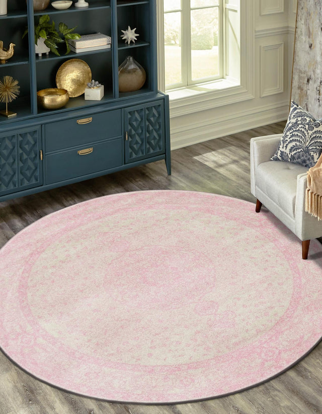 Pink 3' 1 x 3' 1 Bromley Round Area Rug 100% Polypropylene With Cotton Backing Vintage Distressed Colorful Traditional Carpet for Living Dining Rooms Offices for Sale at Rug Engine