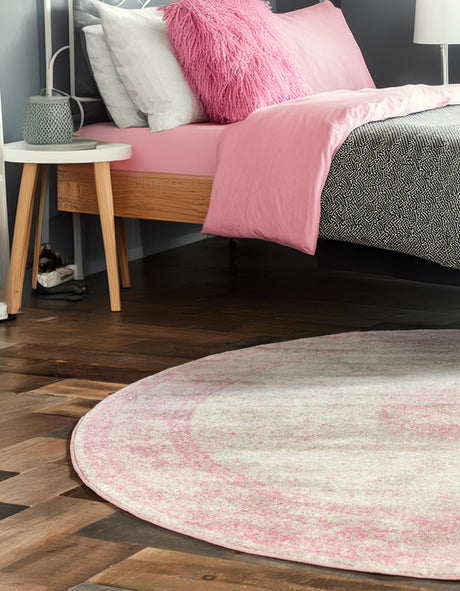Pink 3' 1 x 3' 1 Bromley Round Area Rug 100% Polypropylene With Cotton Backing Vintage Distressed Colorful Traditional Carpet for Living Dining Rooms Offices for Sale at Rug Engine