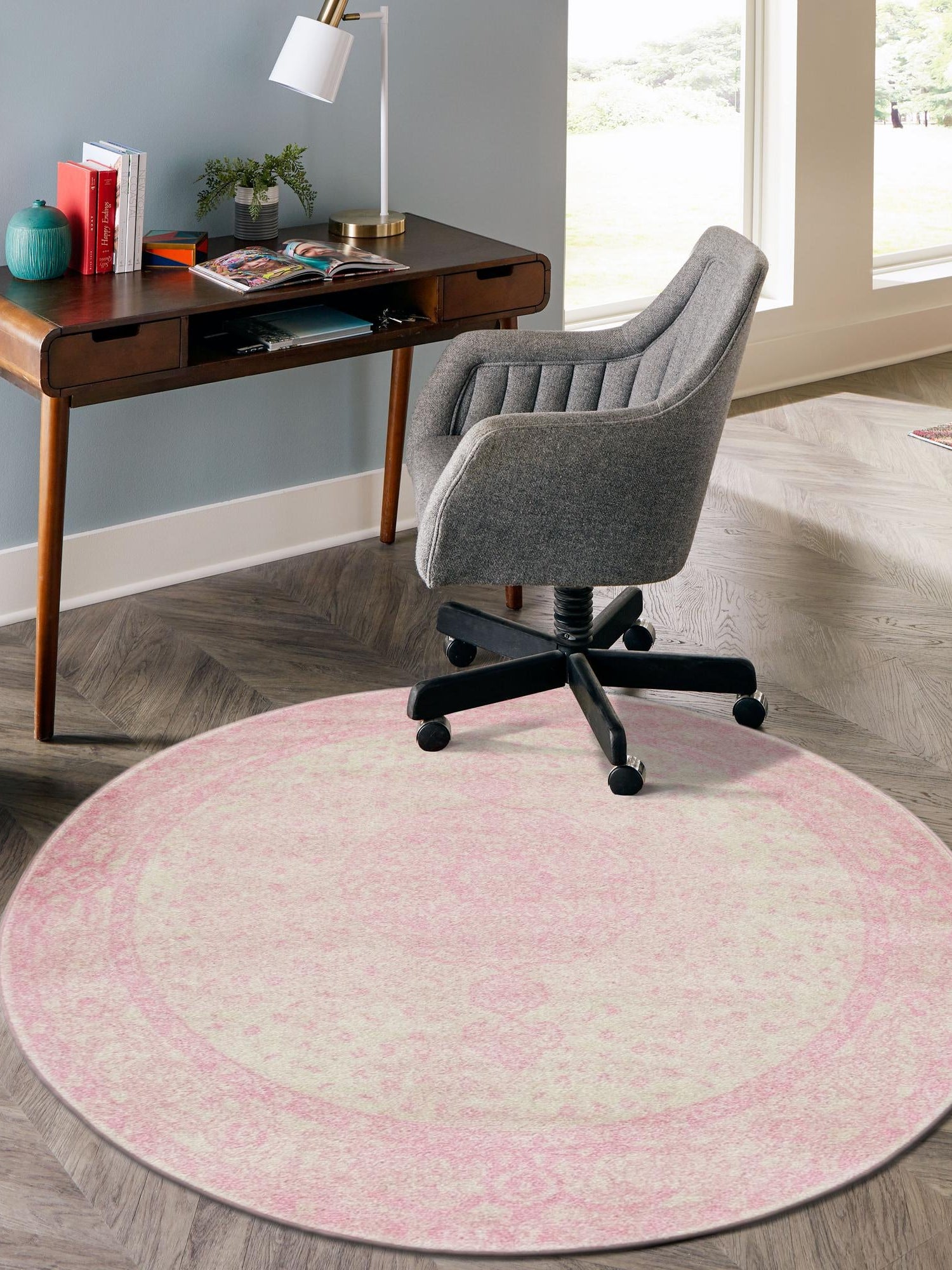 Pink 3' 1 x 3' 1 Bromley Round Area Rug 100% Polypropylene With Cotton Backing Vintage Distressed Colorful Traditional Carpet for Living Dining Rooms Offices for Sale at Rug Engine