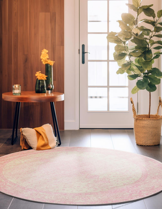 Pink 3' 1 x 3' 1 Bromley Round Area Rug 100% Polypropylene With Cotton Backing Vintage Distressed Colorful Traditional Carpet for Living Dining Rooms Offices for Sale at Rug Engine