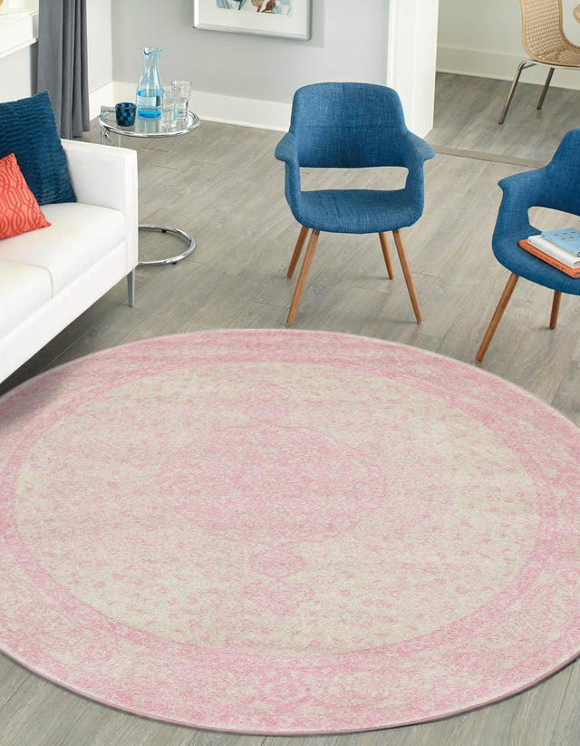 Pink 5' 3 x 5' 3 Bromley Round Area Rug 100% Polypropylene With Cotton Backing Vintage Distressed Colorful Traditional Carpet for Living Dining Rooms Offices for Sale at Rug Engine