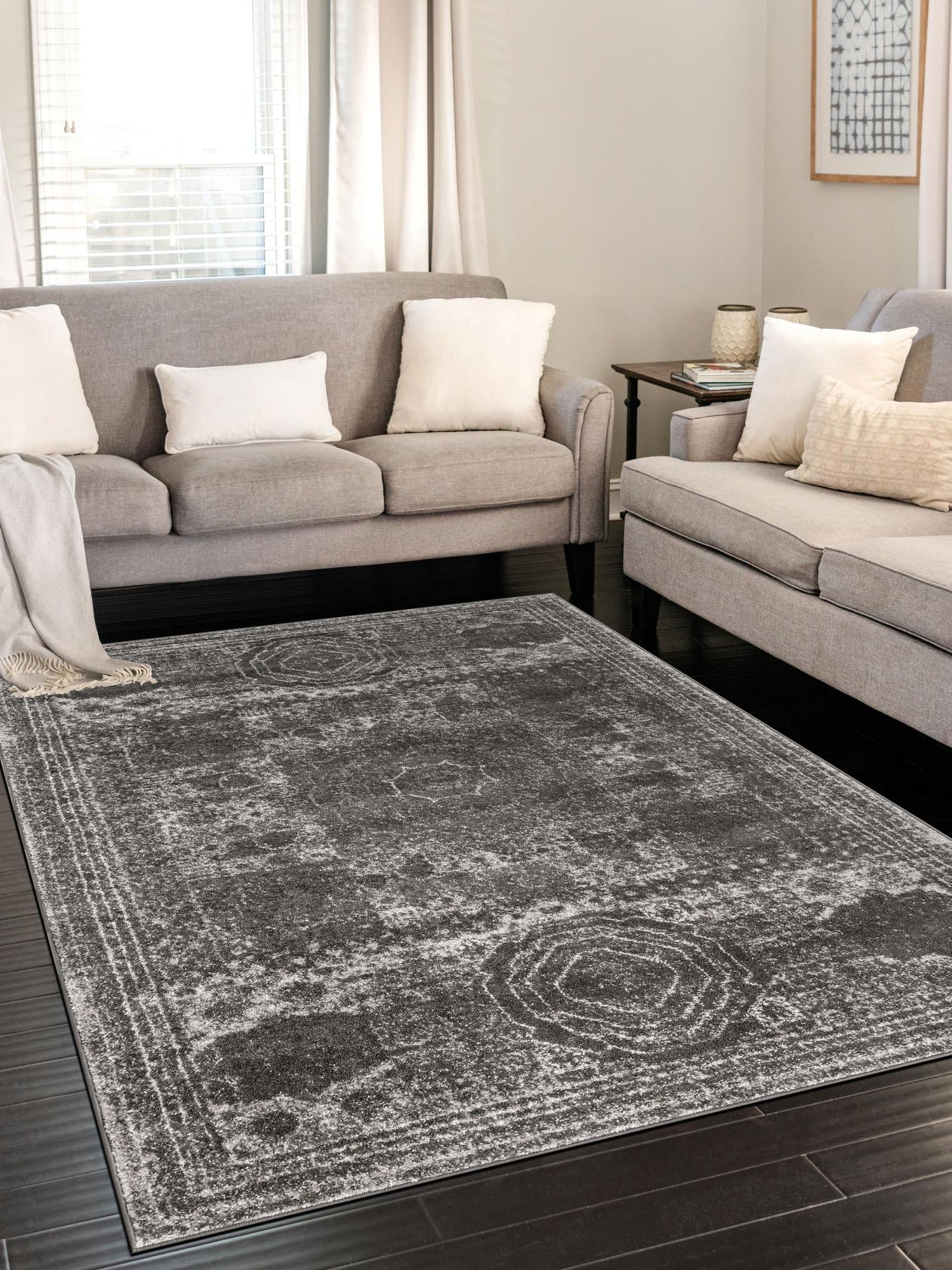 Dark Gray 9' x 12' Bromley Rectangle Area Rug 100% Polypropylene With Cotton Backing Vintage Distressed Colorful Traditional Carpet for Living Dining Rooms Offices for Sale at Rug Engine