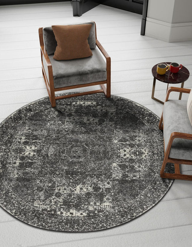 Dark Gray 5' 3 x 5' 3 Bromley Round Area Rug 100% Polypropylene With Cotton Backing Vintage Distressed Colorful Traditional Carpet for Living Dining Rooms Offices for Sale at Rug Engine