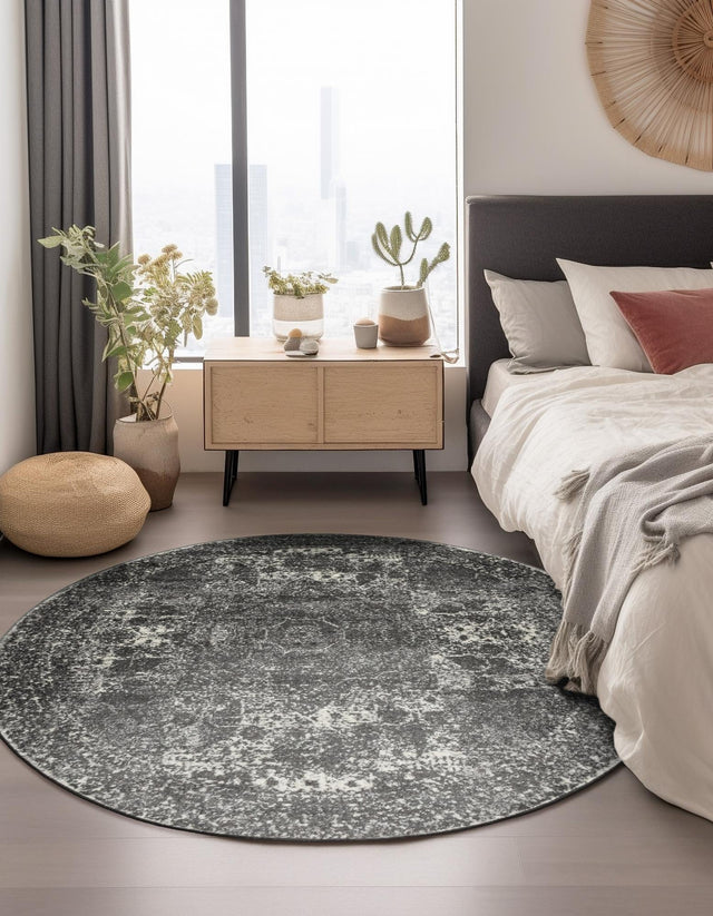 Dark Gray 5' 3 x 5' 3 Bromley Round Area Rug 100% Polypropylene With Cotton Backing Vintage Distressed Colorful Traditional Carpet for Living Dining Rooms Offices for Sale at Rug Engine
