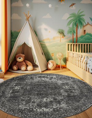 Dark Gray 5' 3 x 5' 3 Bromley Round Area Rug 100% Polypropylene With Cotton Backing Vintage Distressed Colorful Traditional Carpet for Living Dining Rooms Offices for Sale at Rug Engine