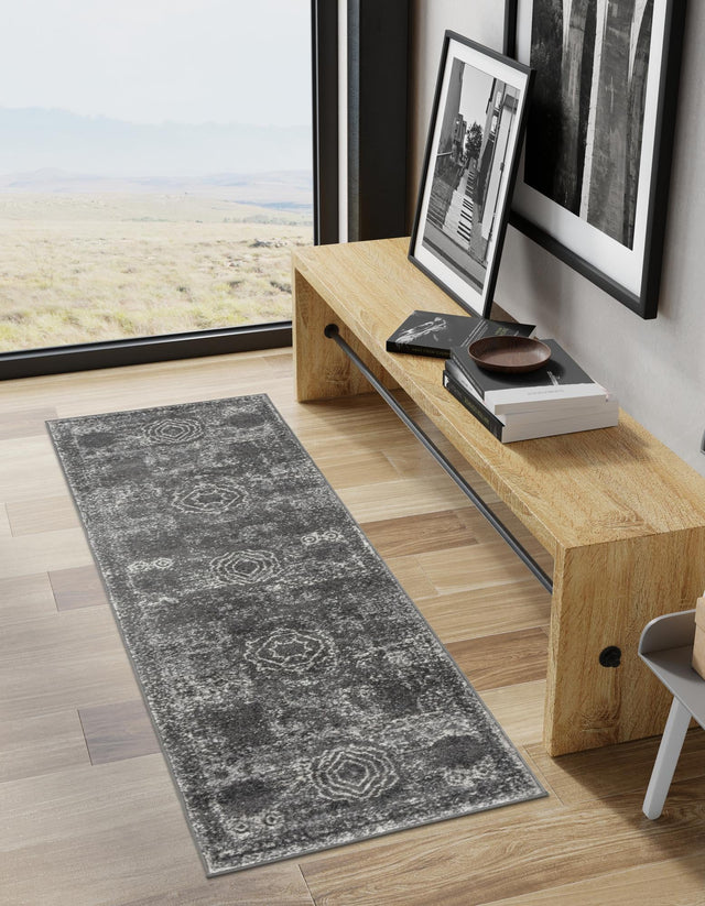 Dark Gray 2' x 9' Bromley Runner Area Rug 100% Polypropylene With Cotton Backing Vintage Distressed Colorful Traditional Carpet for Living Dining Rooms Offices for Sale at Rug Engine