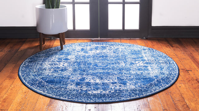 Navy Blue 3' x 3' Bromley Round Area Rug 100% Polypropylene With Cotton Backing Vintage Distressed Colorful Traditional Carpet for Living Dining Rooms Offices for Sale at Rug Engine