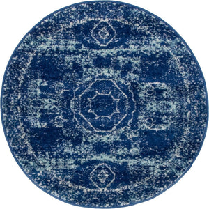 Navy Blue 3' x 3' Bromley Round Area Rug 100% Polypropylene With Cotton Backing Vintage Distressed Colorful Traditional Carpet for Living Dining Rooms Offices for Sale at Rug Engine