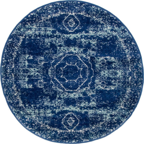 Navy Blue 3' x 3' Bromley Round Area Rug 100% Polypropylene With Cotton Backing Vintage Distressed Colorful Traditional Carpet for Living Dining Rooms Offices for Sale at Rug Engine