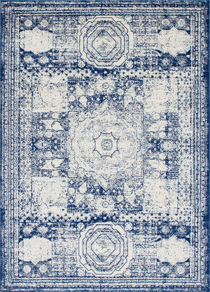 Ivory and Blue 9' x 12' Bromley Rectangle Area Rug 100% Polypropylene With Cotton Backing Vintage Distressed Colorful Traditional Carpet for Living Dining Rooms Offices for Sale at Rug Engine