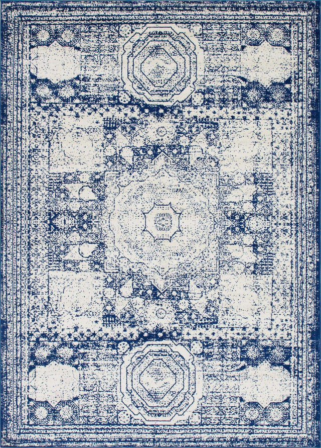 Ivory and Blue 9' x 12' Bromley Rectangle Area Rug 100% Polypropylene With Cotton Backing Vintage Distressed Colorful Traditional Carpet for Living Dining Rooms Offices for Sale at Rug Engine