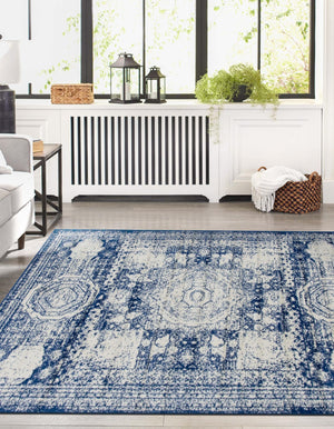 Ivory and Blue 7' 10 x 11' Bromley Rectangle Area Rug 100% Polypropylene With Cotton Backing Vintage Distressed Colorful Traditional Carpet for Living Dining Rooms Offices for Sale at Rug Engine
