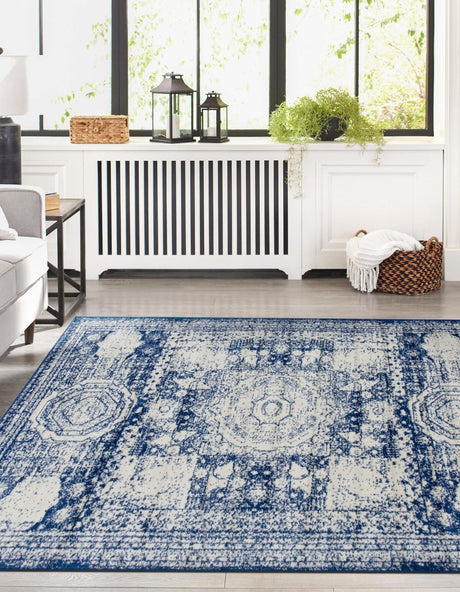 Ivory and Blue 5' 3 x 8' Bromley Rectangle Area Rug 100% Polypropylene With Cotton Backing Vintage Distressed Colorful Traditional Carpet for Living Dining Rooms Offices for Sale at Rug Engine