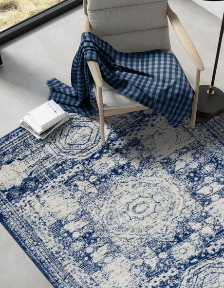 Ivory and Blue 5' 3 x 8' Bromley Rectangle Area Rug 100% Polypropylene With Cotton Backing Vintage Distressed Colorful Traditional Carpet for Living Dining Rooms Offices for Sale at Rug Engine