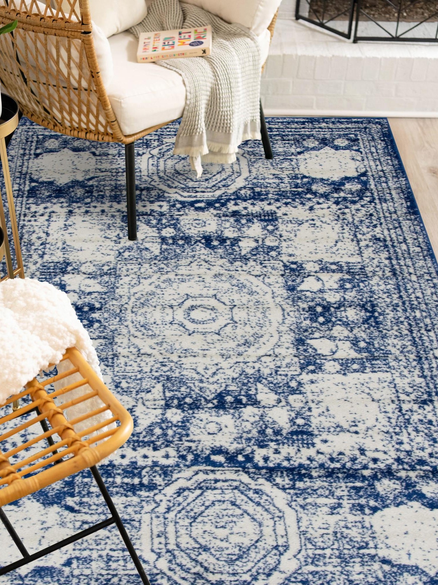 Ivory and Blue 5' 3 x 8' Bromley Rectangle Area Rug 100% Polypropylene With Cotton Backing Vintage Distressed Colorful Traditional Carpet for Living Dining Rooms Offices for Sale at Rug Engine