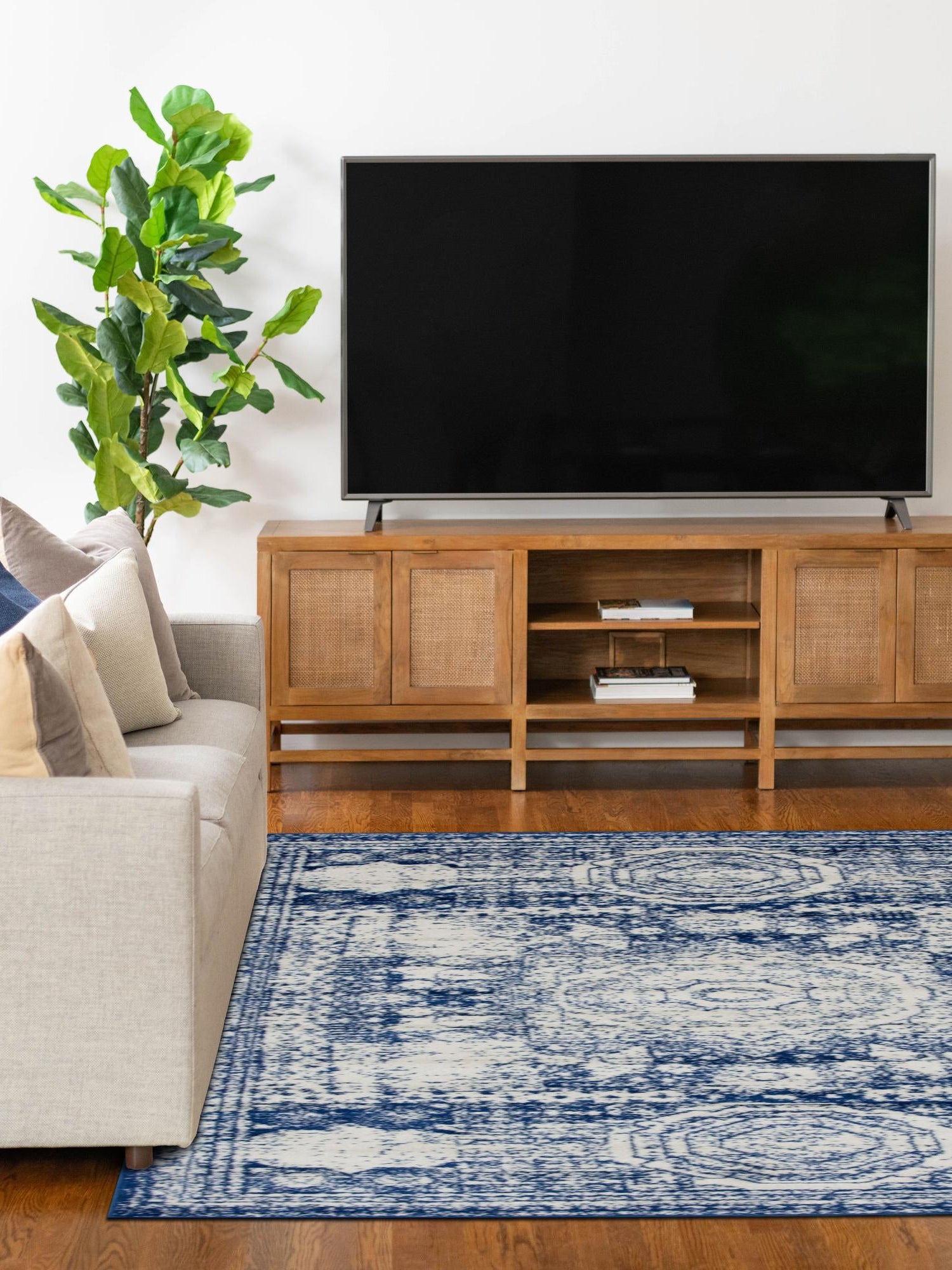 Ivory and Blue 7' 10 x 11' Bromley Rectangle Area Rug 100% Polypropylene With Cotton Backing Vintage Distressed Colorful Traditional Carpet for Living Dining Rooms Offices for Sale at Rug Engine
