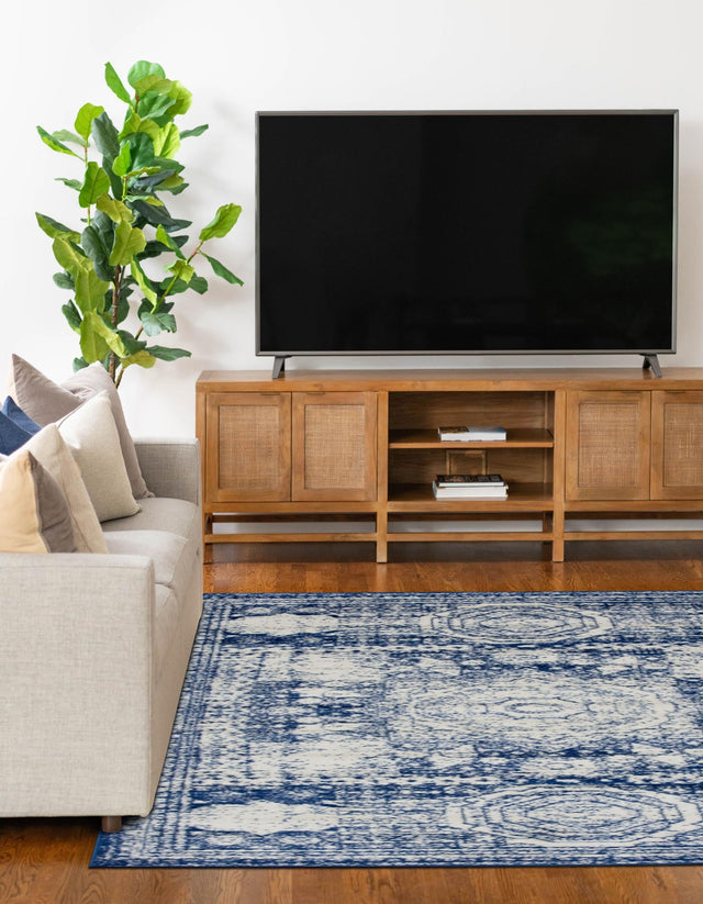 Ivory and Blue 7' 10 x 11' Bromley Rectangle Area Rug 100% Polypropylene With Cotton Backing Vintage Distressed Colorful Traditional Carpet for Living Dining Rooms Offices for Sale at Rug Engine