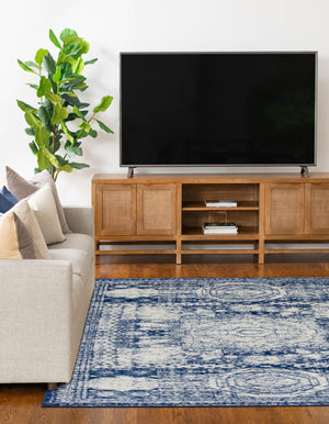 Ivory and Blue 5' 3 x 8' Bromley Rectangle Area Rug 100% Polypropylene With Cotton Backing Vintage Distressed Colorful Traditional Carpet for Living Dining Rooms Offices for Sale at Rug Engine