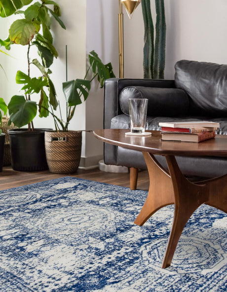 Ivory and Blue 7' 10 x 11' Bromley Rectangle Area Rug 100% Polypropylene With Cotton Backing Vintage Distressed Colorful Traditional Carpet for Living Dining Rooms Offices for Sale at Rug Engine