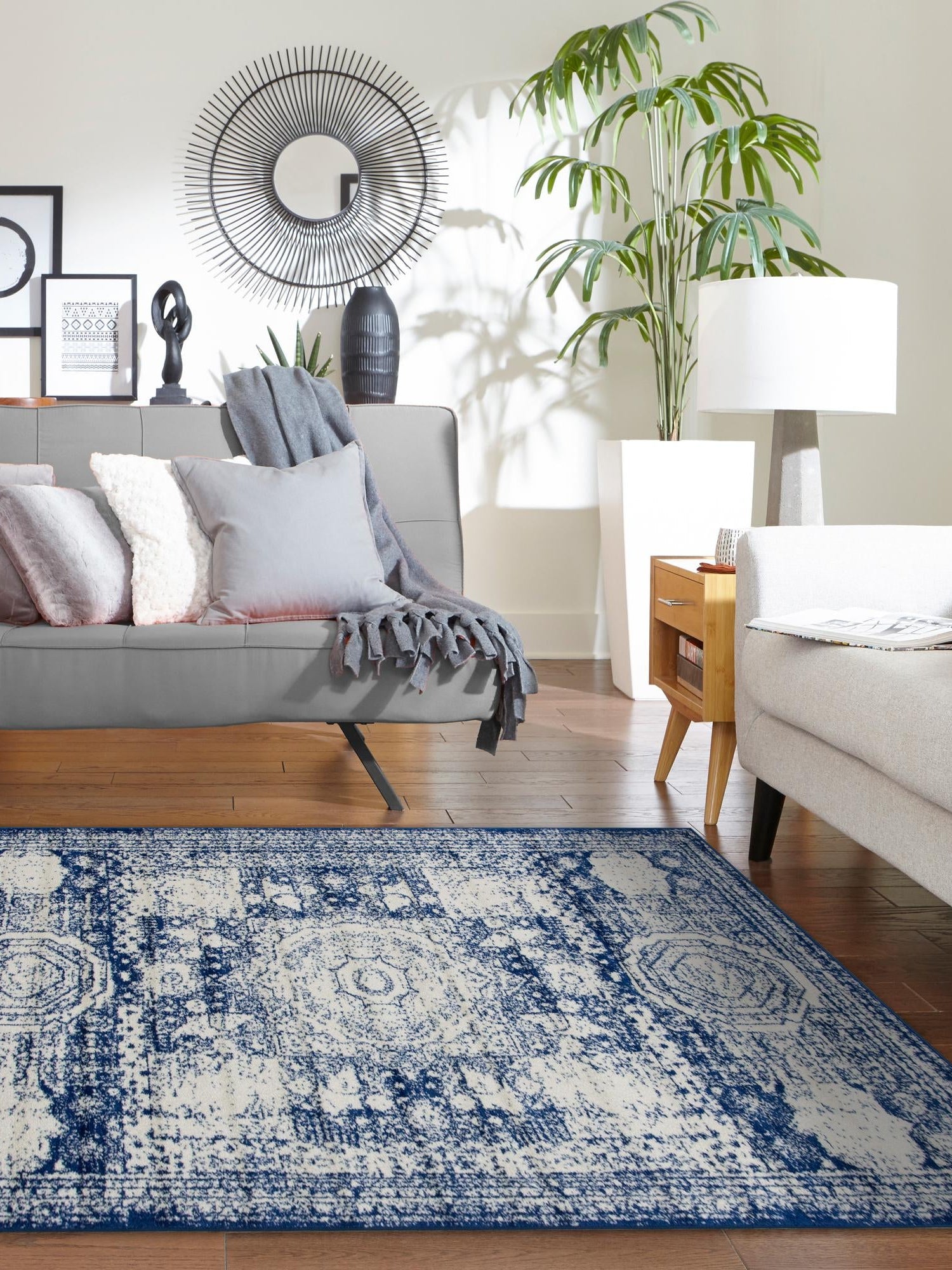 Ivory and Blue 5' 3 x 8' Bromley Rectangle Area Rug 100% Polypropylene With Cotton Backing Vintage Distressed Colorful Traditional Carpet for Living Dining Rooms Offices for Sale at Rug Engine
